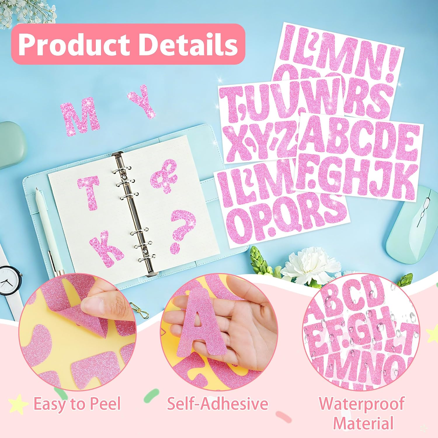 152 PCS Glitter Letter Stickers,3 Inch Large Bulletin Board Letters (Pink)