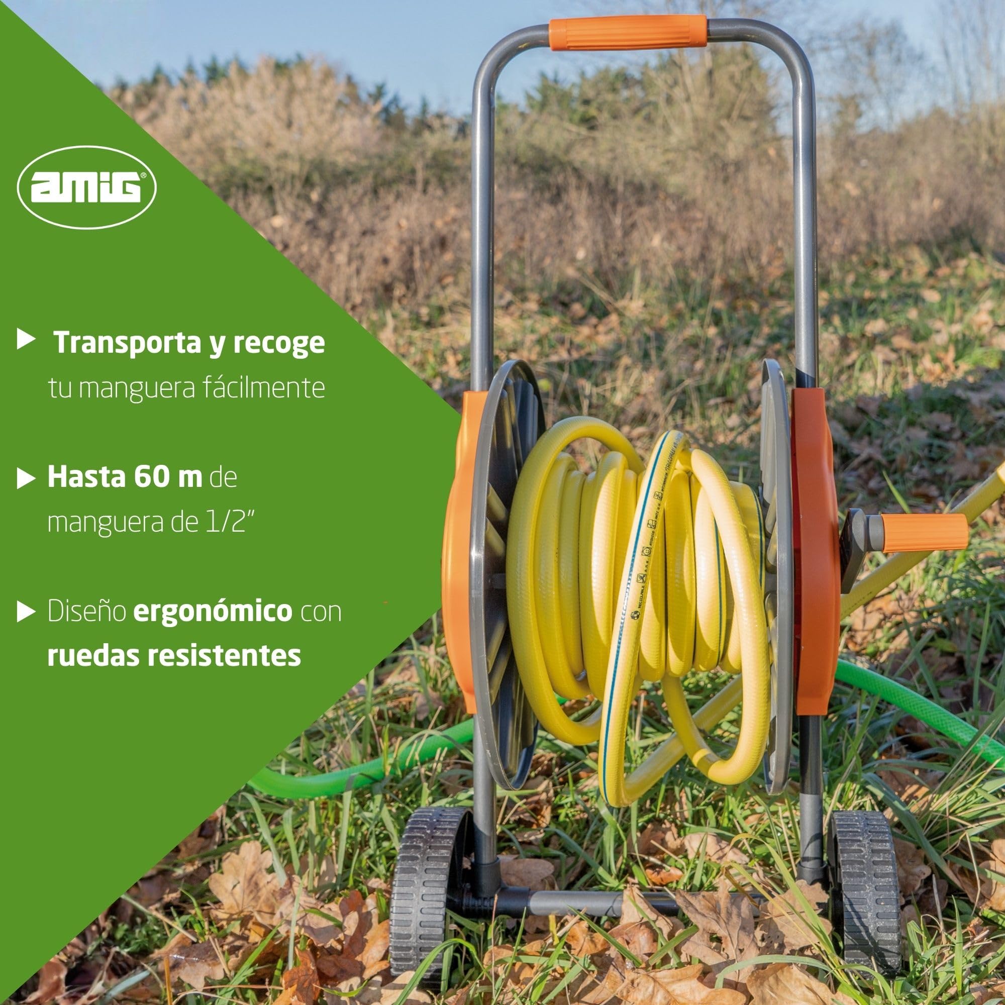 Amig - Carro Portamangueras - Para Mangueras de 1/2" - Enrollado Máximo de 60 m - Con Manivela para Enrollar Fácilmente - Polipropileno - Naranja y Gris