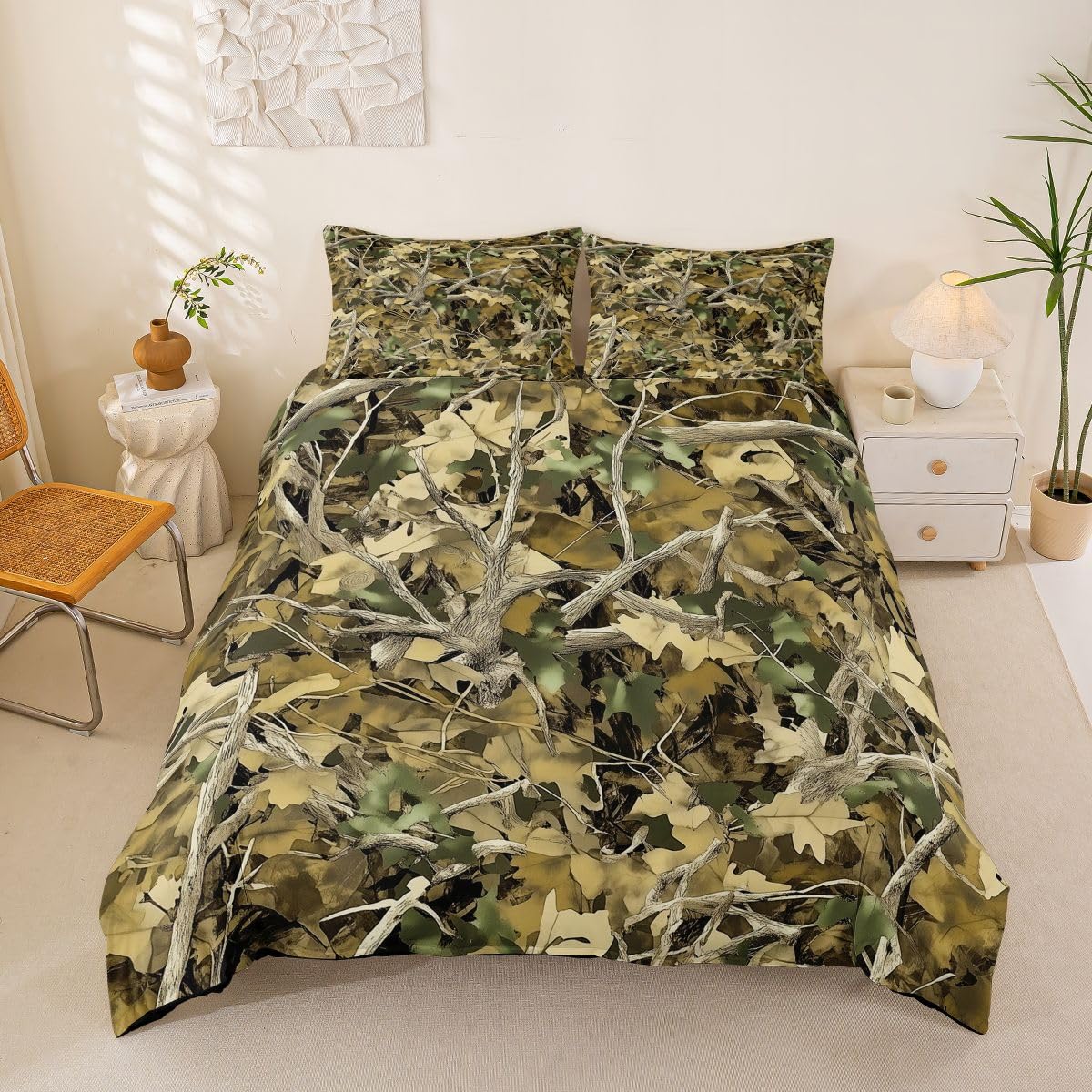 Homewish Camo King Pościel Rustykalny Dom Wiejski Zestaw Poszwa Na Kołdrę Gałęzie Kamuflaż Poszwa Na Kołdrę Liście Drzewa Domek Domek Domek Zestawy Łóżek