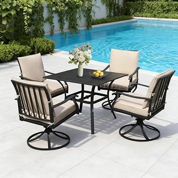 LVUYOYO 5-Piece Outdoor Patio Dining Set, Metal Swivel Chairs & Square Table Set, All-Weather Furniture for Backyard, Garden,Balcony,Porch 1 Square Table+ 4 Swivel Chairs