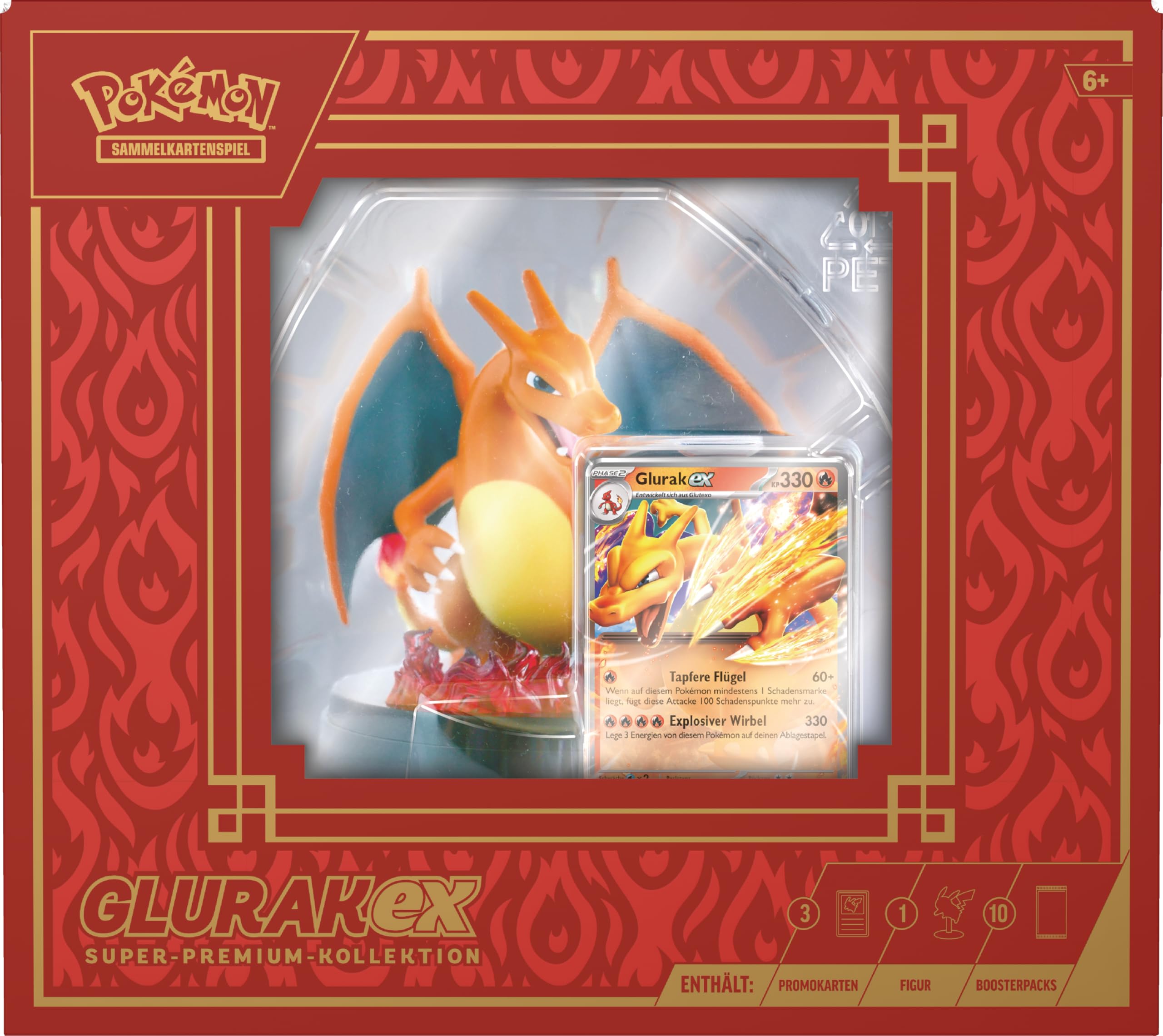 Pokémon - Juego de Cartas coleccionables: colección Super Premium Glurak-ex (3 Cartas promocionales holográficas, 1 Figura de visualización de Cartas y 10 Paquetes de Refuerzos)