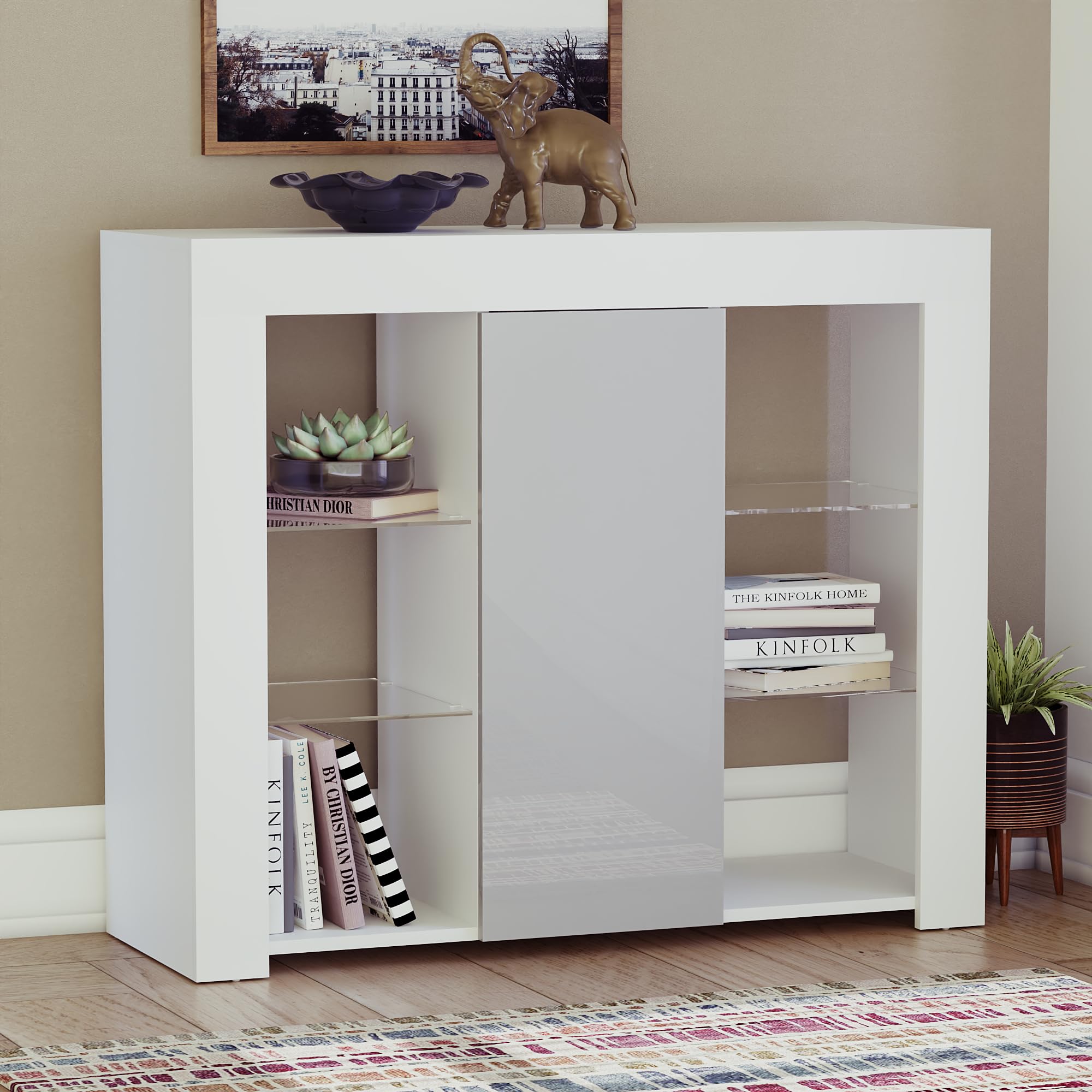 Vida Designs Aparador Grande Azura Moderno LED de 1 Puerta en Blanco y Gris, Luces RGB (Opciones de desvanecimiento/estroboscópico Incluidas), Alto Brillo