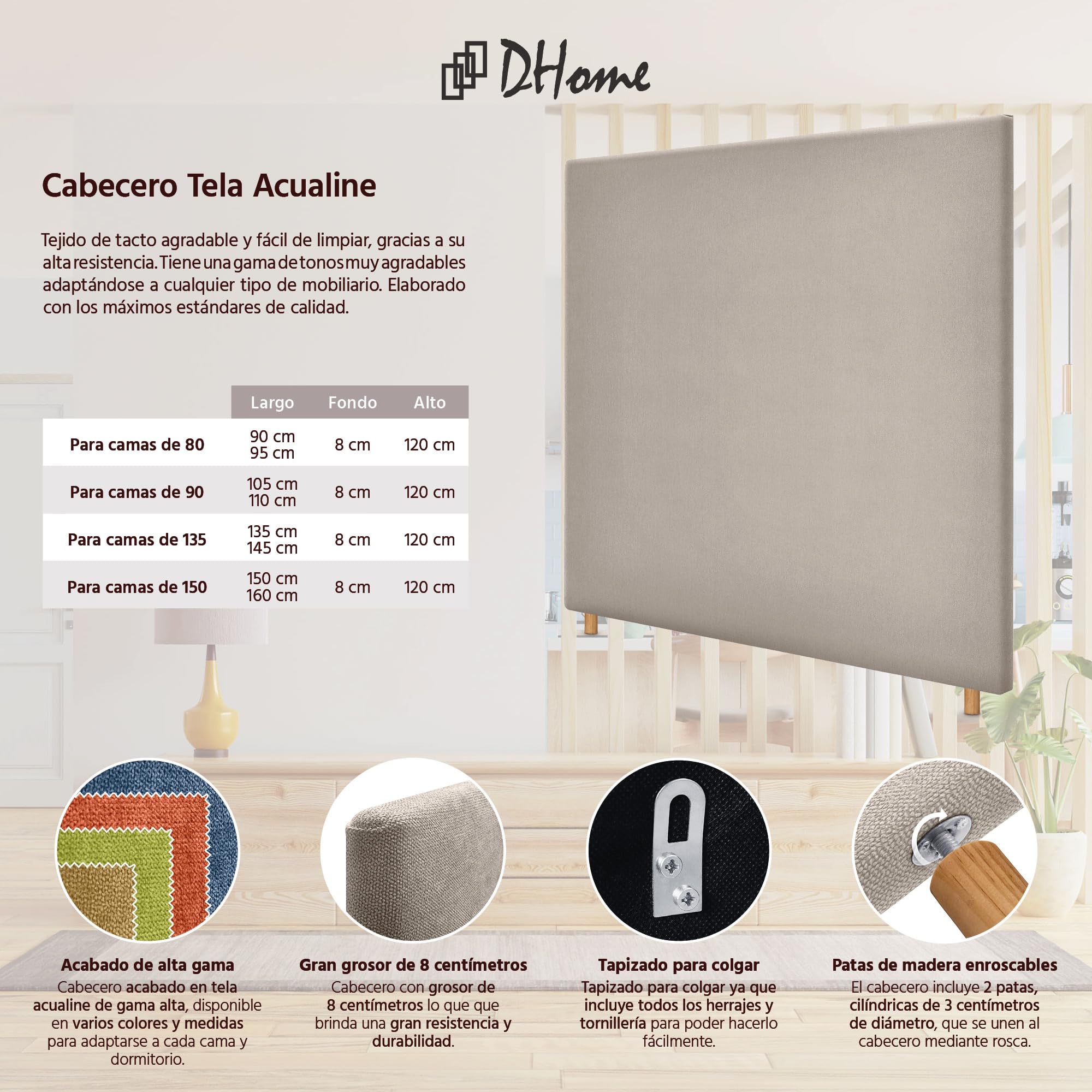 DHOME Testiera in Tessuto Liscia fino a Terra con Spessore di 8 cm Testiera Imbottita per Letto Camera da Letto Moderna Top Trend (Beige, 140cm)