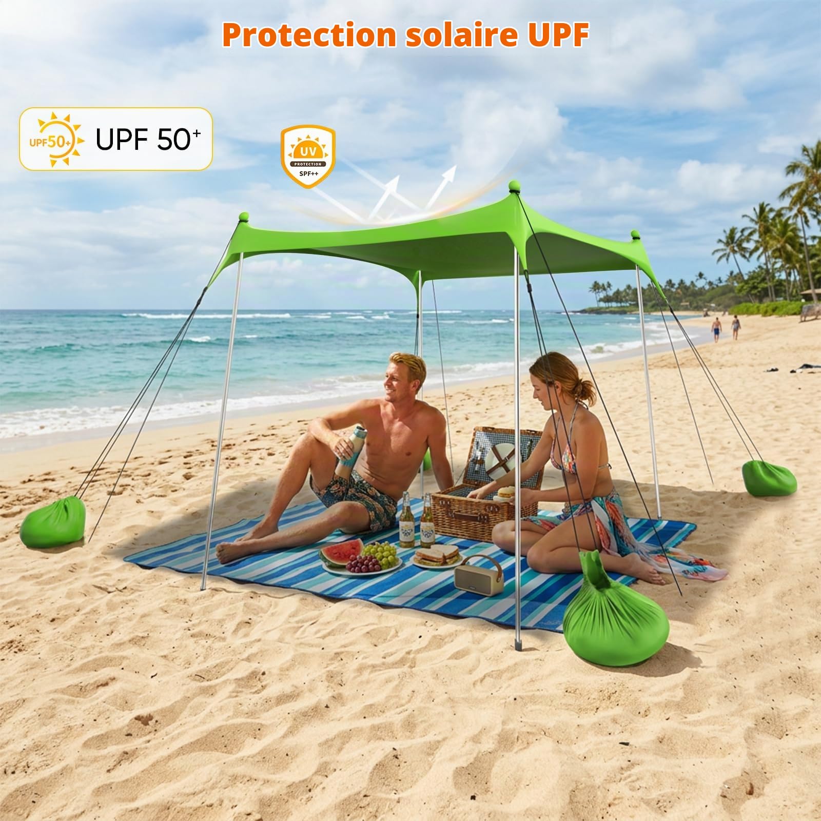 Tente de plage - 2 x 2,1 m - Protection UV UPF50+ - Design octogonal avec 8 piquets et 4 barres renforcées - Tente de plage compacte pour 2 à 3 personnes - Résistante au vent - Pour camping