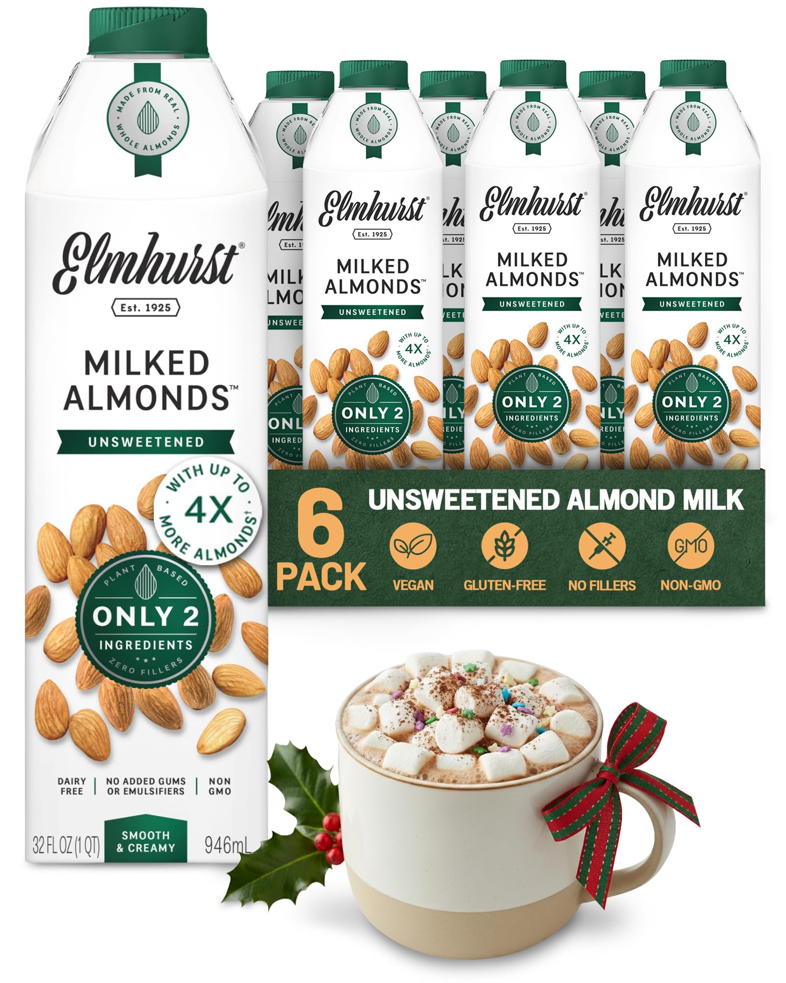 Elmhurst 1925 Unsweetened Almond Milk - 32 Ounce (Pack of 6) Dairy-Free, Vegan, Kosher, No Added Sugar, Shelf Stable Milk Made with Water & Almonds for Healthier, Simpler Plant-Based Alternatives