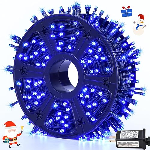 JMEXSUSS 500 luces LED azules de Navidad para exteriores, 173 pies, 8 modos, impermeables, luces de árbol de Navidad, alambre verde, tira de luces