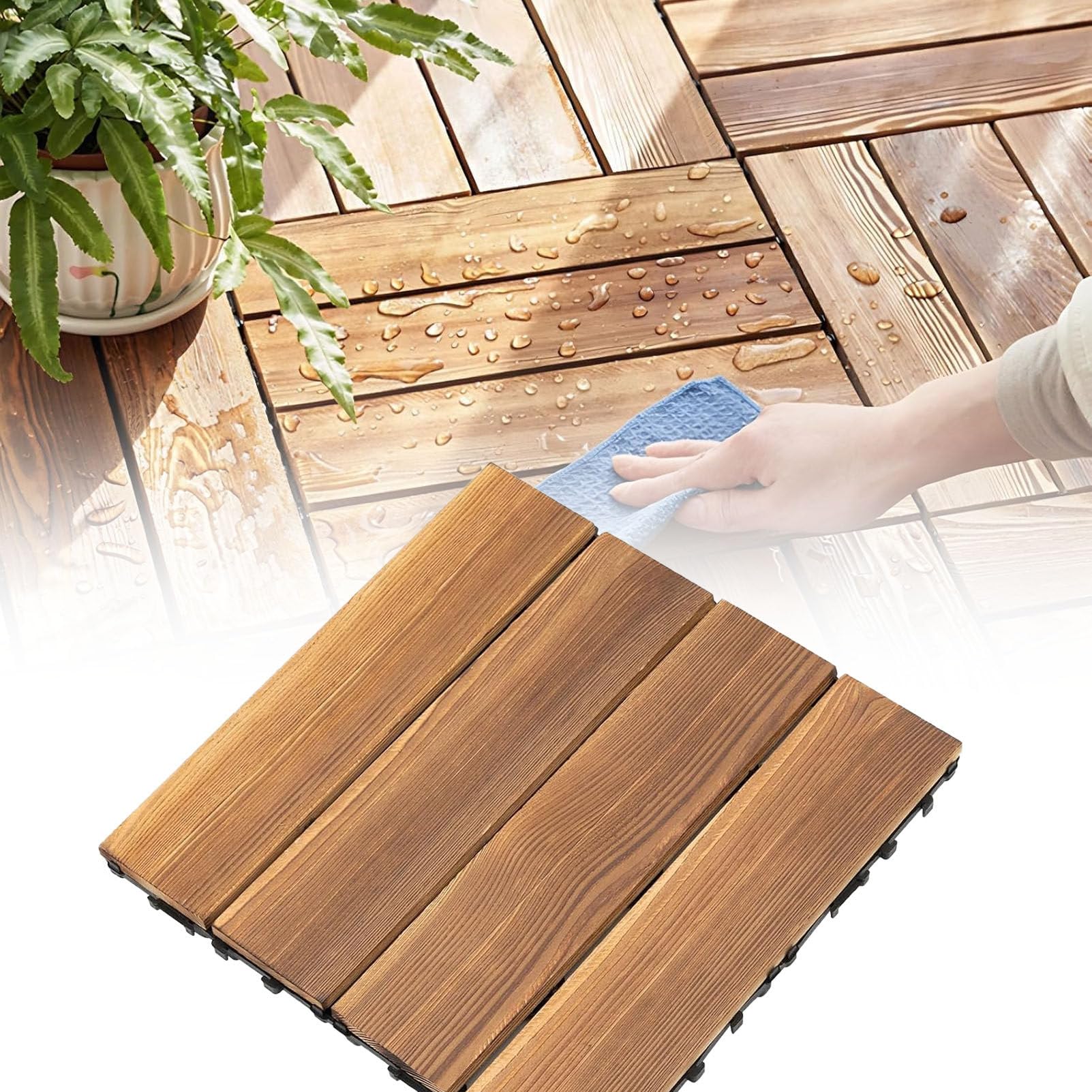 Piastrelle Antiscivolo per Esterni 4-Slat-9pc | Pavimentazione a incastro in legno di acacia (30x30 cm) per patio,terrazza e giardino; piastrelle in legno ritagliabili
