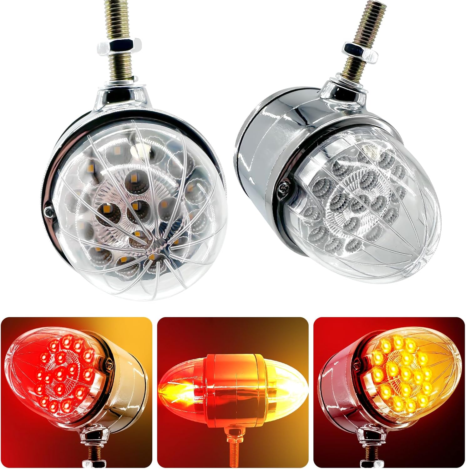 dreamdragon 2PCS 17-LED Dual Face Watermelon Turn Signal Lights, Amber & Red LED, 3.5" Round Fender Lights with Clear Lens & Reflector, Chrome Auxiliary Pedestal Lights