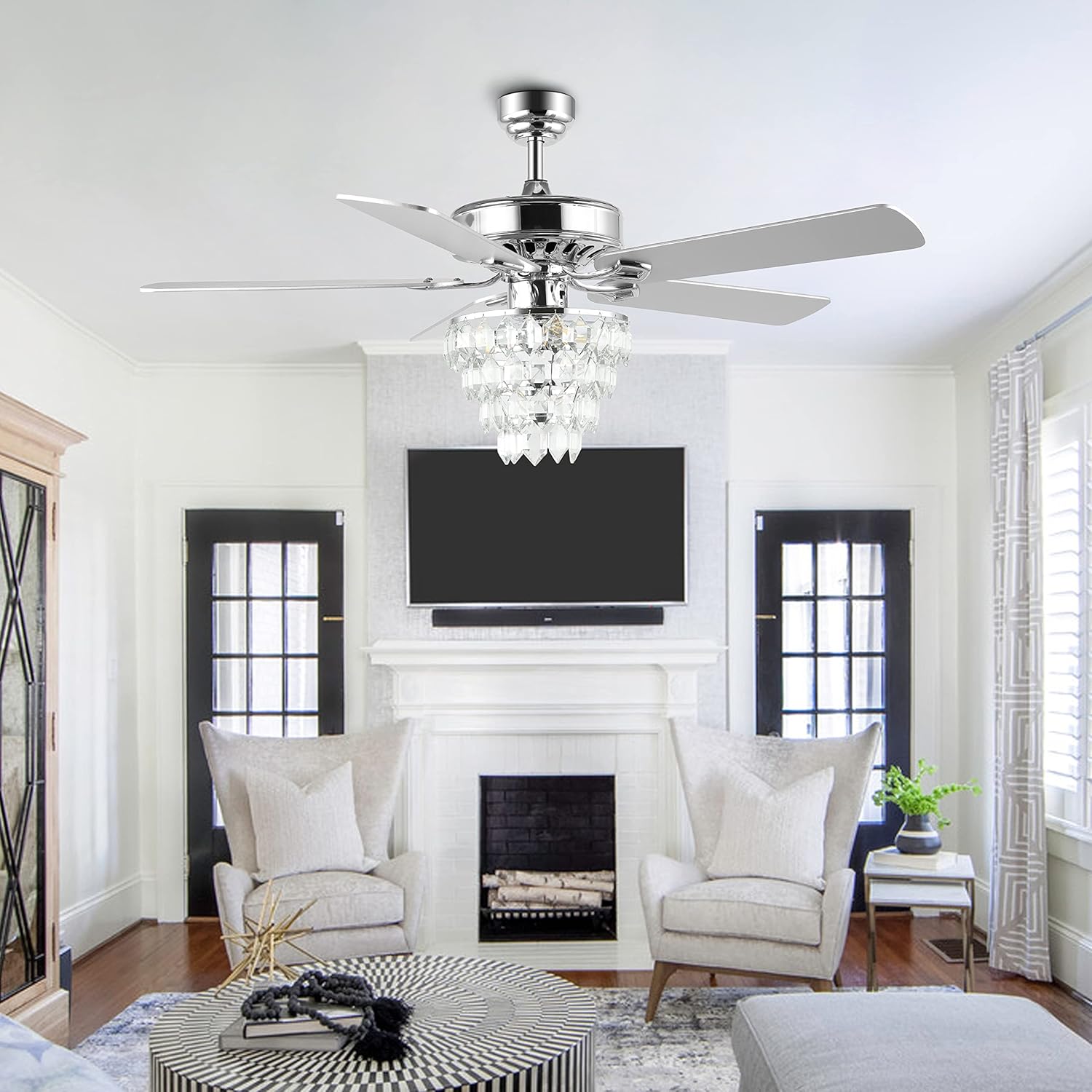 JONATHAN Y 52" Chrome 3-Light Iron and Crystal Ceiling Fan, Modern Glam 5-Blade Reversible Silver and White Maple Fan with Remote, LED Bulbs Included JYL9616A