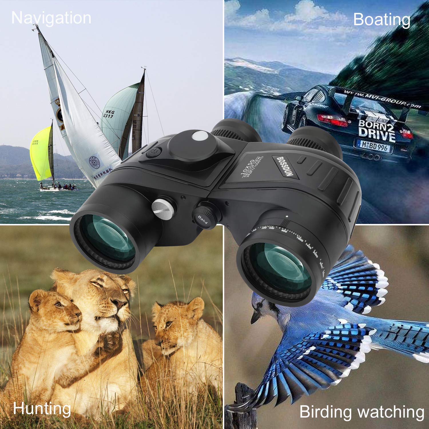Binocolo Marino Mlitare Antiappannante Impermeabile 10x50, con Telemetro Interno e Bussola Obiettivo FMC con Prisma BAK4 per Navigazione, Canottaggio, Pesca,Sport Acquatici, Caccia
