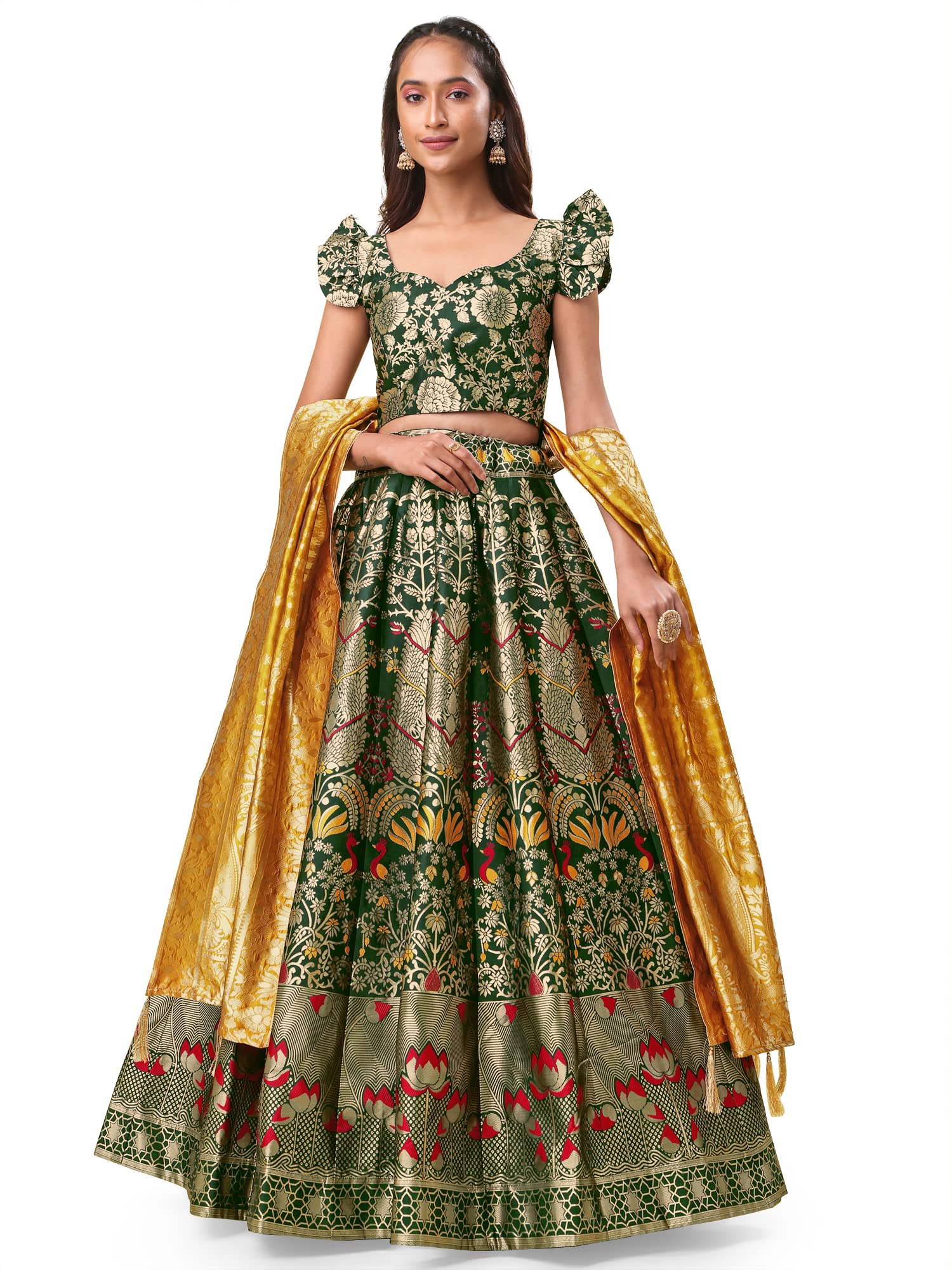 Purvaja Women's Jacquard Semi-Stitched Lehenga Choli (Lotus-D-Green_Green_Free Size)