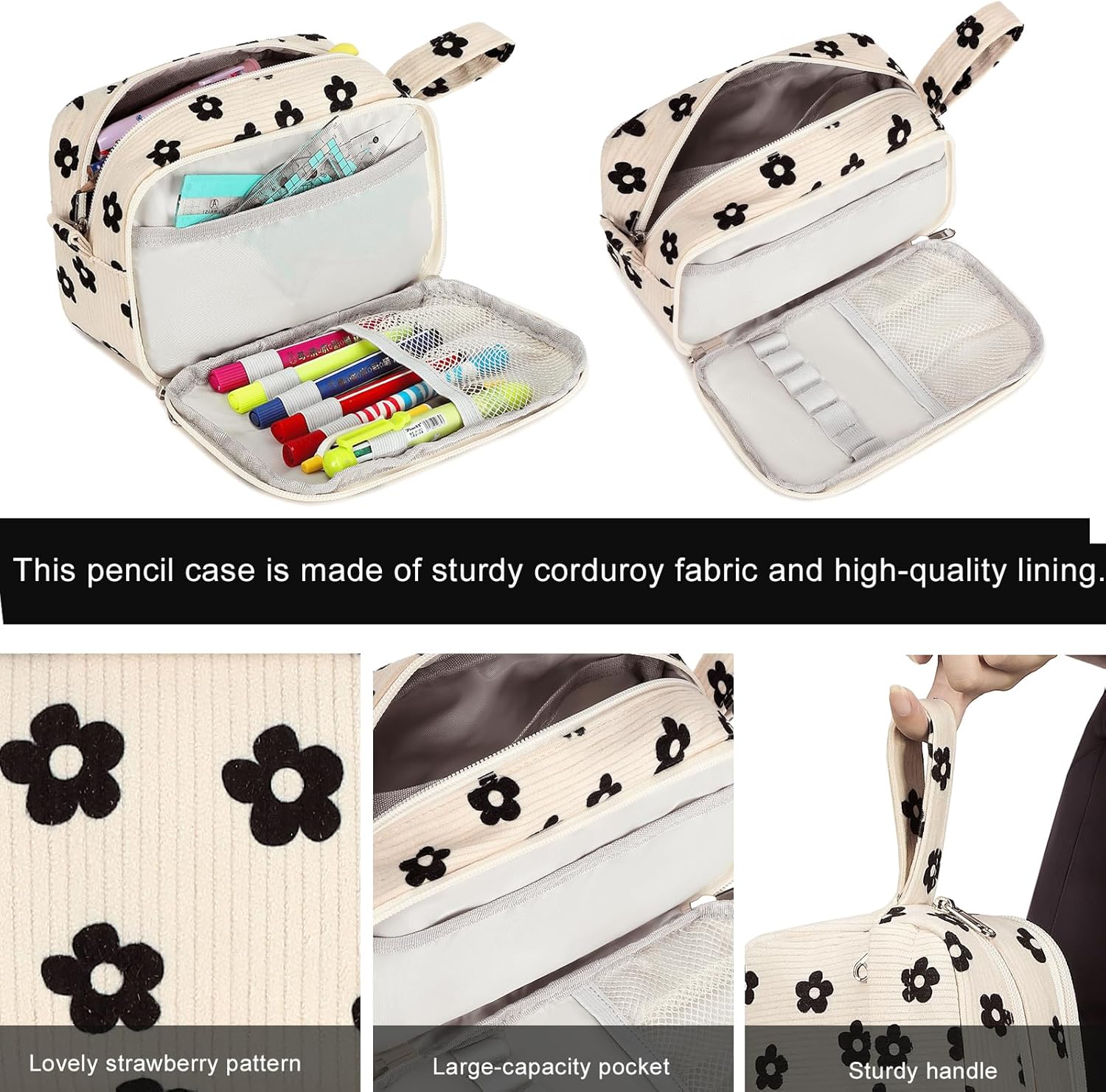 Bluboon Big Capacity Pencil Case Pencil Pouch School Supplies Cute Pencil Box Pencil Bag for Teen Girls Boys Women Man (Black Floral 95) - Image 8