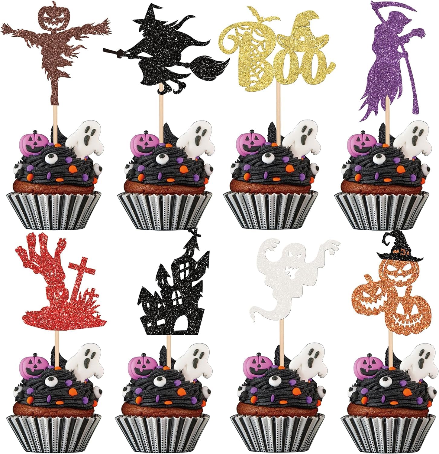 SYKYCTCY Pack of 32 Halloween, Baby Shower, Birthday Cake Toppers - Cupcake Toppers - Orange, Black
