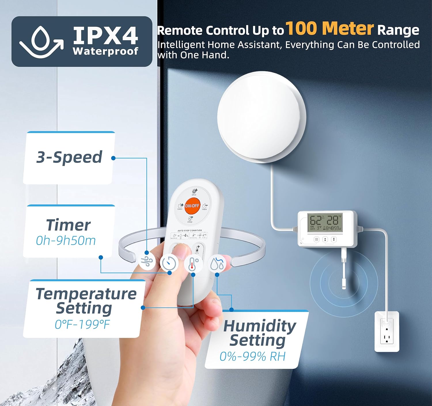 3 Speed Bathroom Exhaust Fan with Humidity Sensor with Remote Control, Timer Humidity & Temperature Control Quiet Upgraded 2600RPM Bathroom Fan for Attic Basement Garage P109A(4 inch Exhaust Fan)