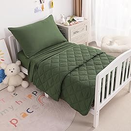 NTBAY Toddler Bedding Set - 4 Piece Soft and Breathable Crib Bedding Set for Boys and Girls, Includes Quilted Comforter, Fitted Sheet, Flat Top Sheet and Envelope Pillowcase, Olive Green