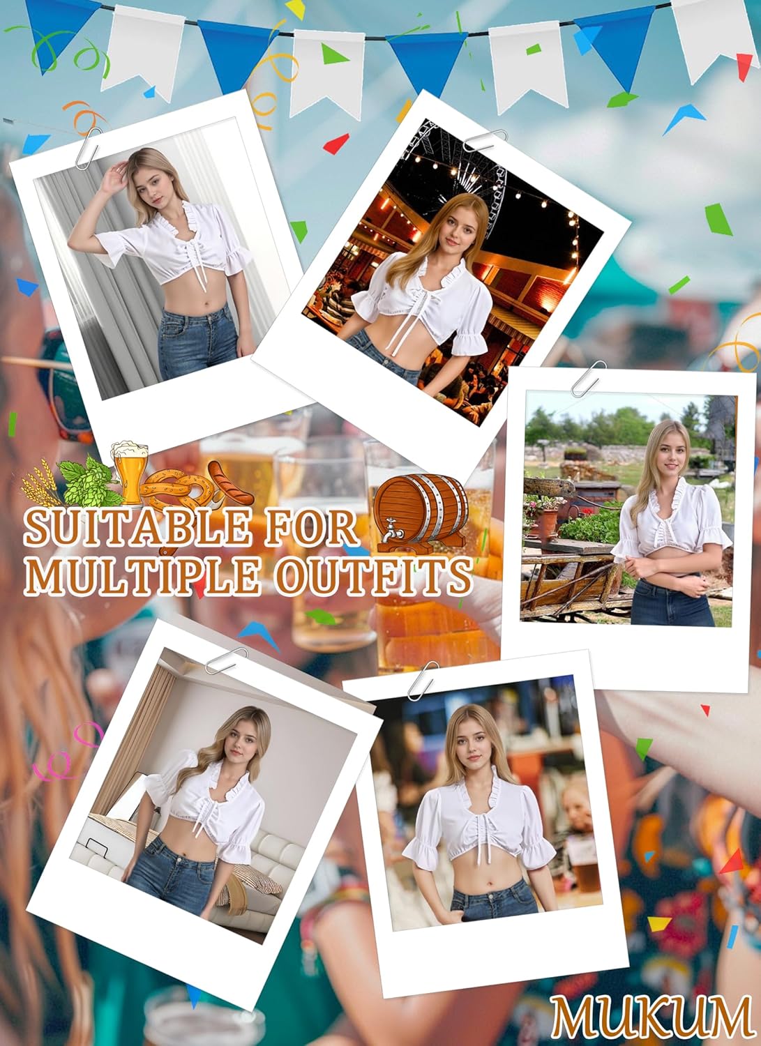 Women German Dirndl Blouse Bavarian Oktoberfest Costume White Dirndl Shirts Crop Tops for Women Beer Festival X-Large - Image 6