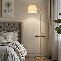 Vista 5 de AIDENOEY Fully Dimmable Floor Lamp for Living Room，Standing Lamp Rotary Switch with Table&Linen Beige Shade，Golden Tall Lamps for Bedroom with