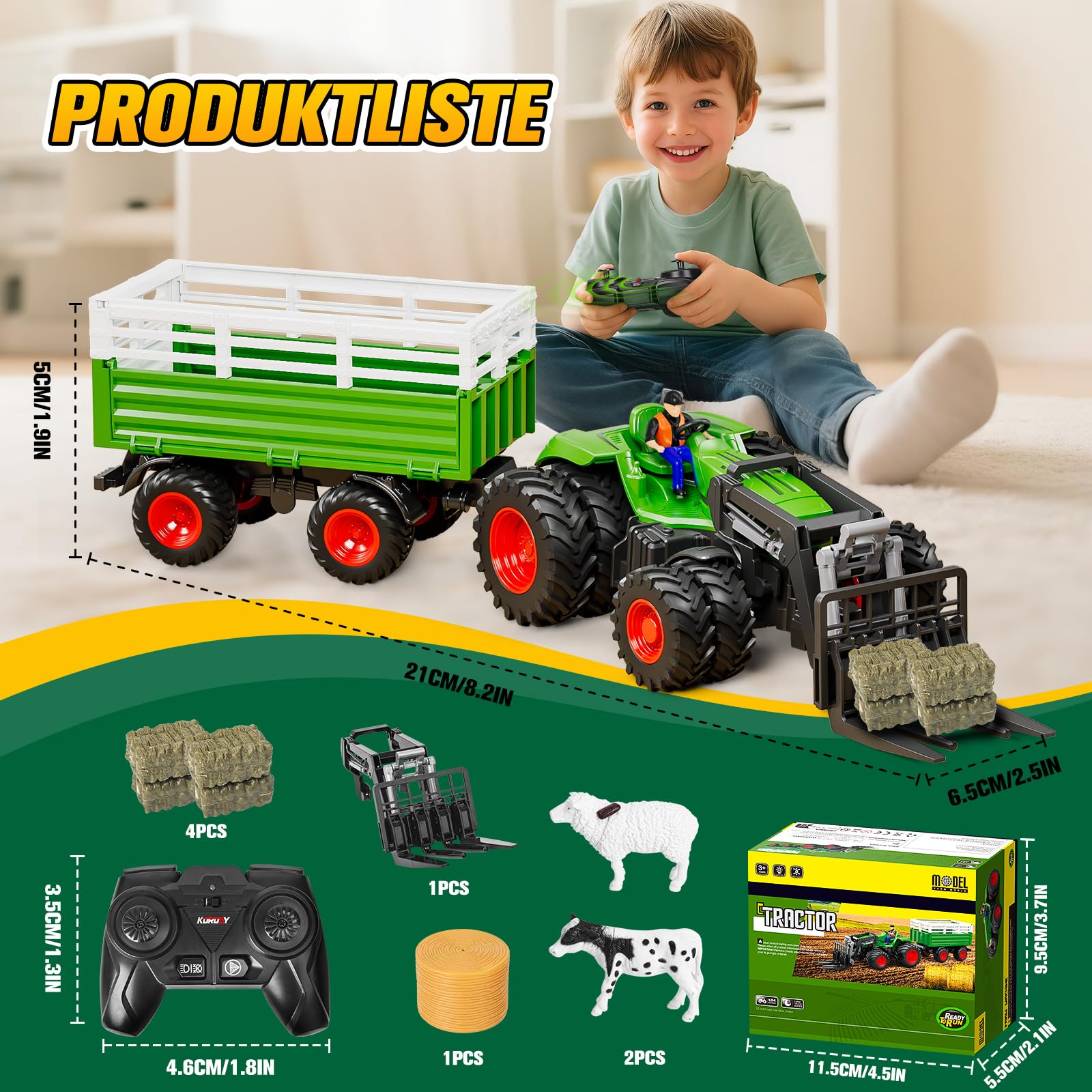 RC Trattore Telecomandato Giocattolo, 2.4 GHz Trattore con Telecomando per Bambini, Completo di Forca Sollevatrice, Rimorchio, Luci, Mucca, Pecora e Balla di Fieno, Regalo per Bambini 3-8 Anni