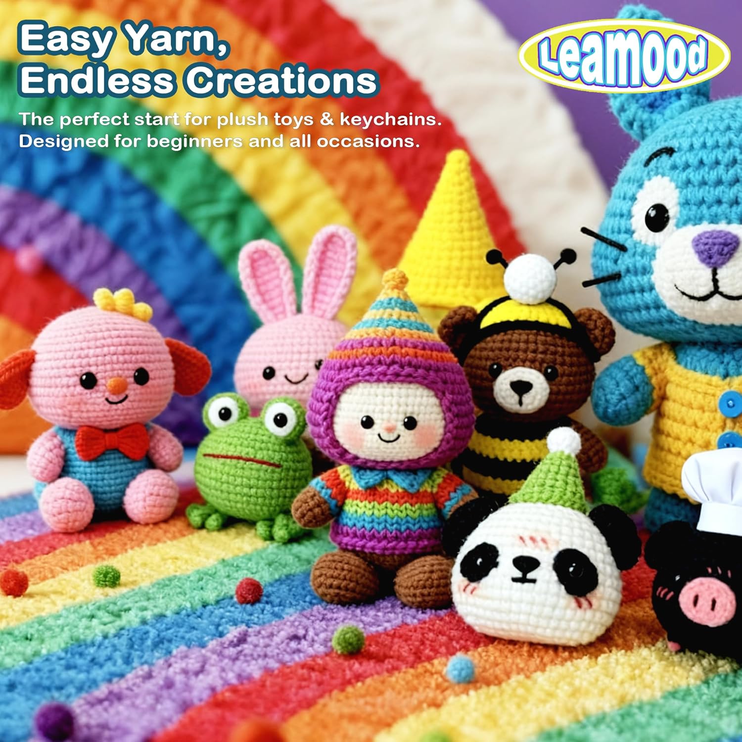 Leamood Beginner Crochet Yarn Kit, Crocheting Set with 8 Colors Cotton Tube Chunky Easy Stitches Yarns, 6 Crochet Hooks, Instruction, Knitting Supplies Case & Travel Crochet Storage Bag for Adults