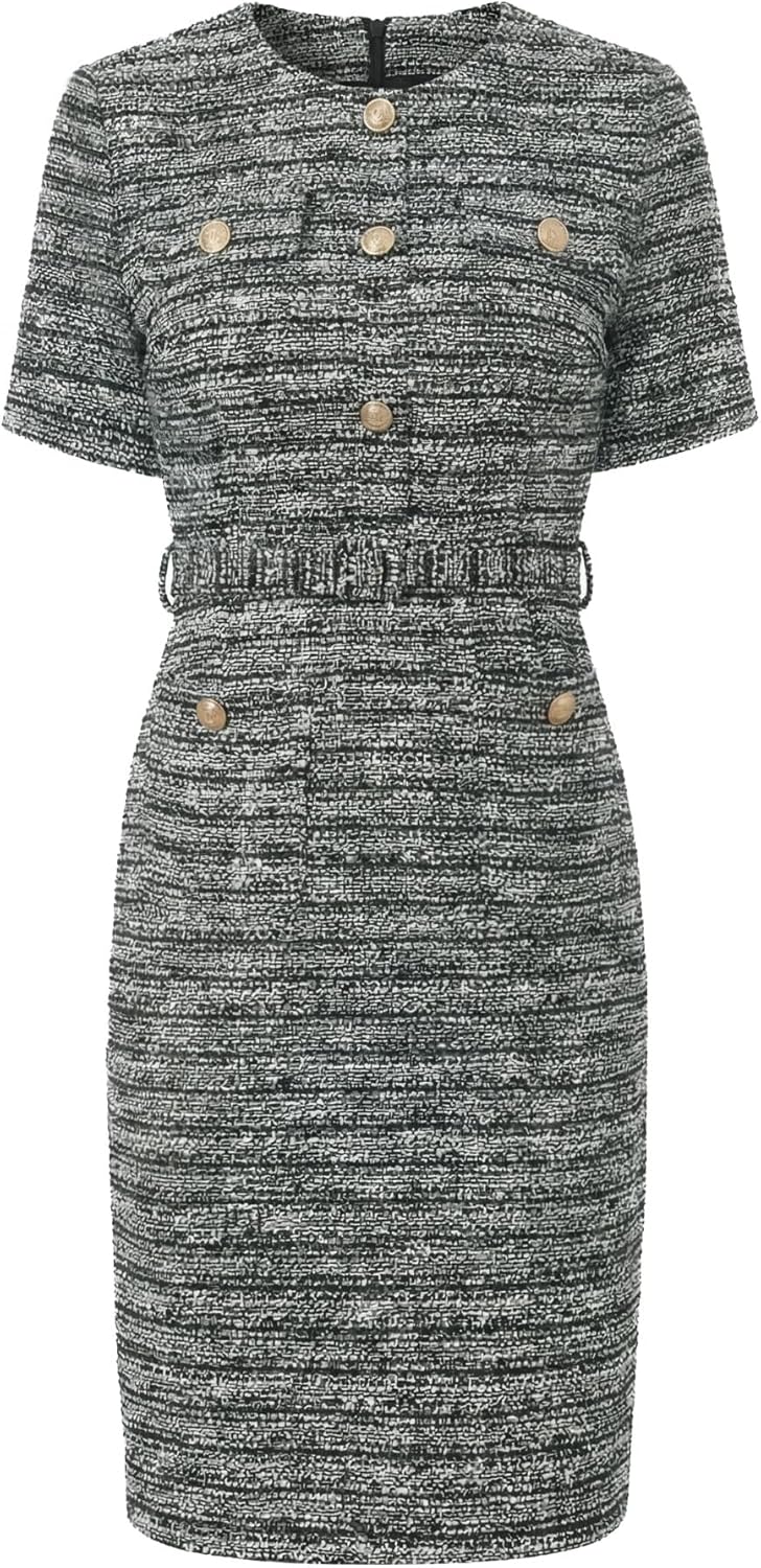 Women's Tweed Sheath Dress with Belted Short Sleeve Work 2026 Pencil Dress