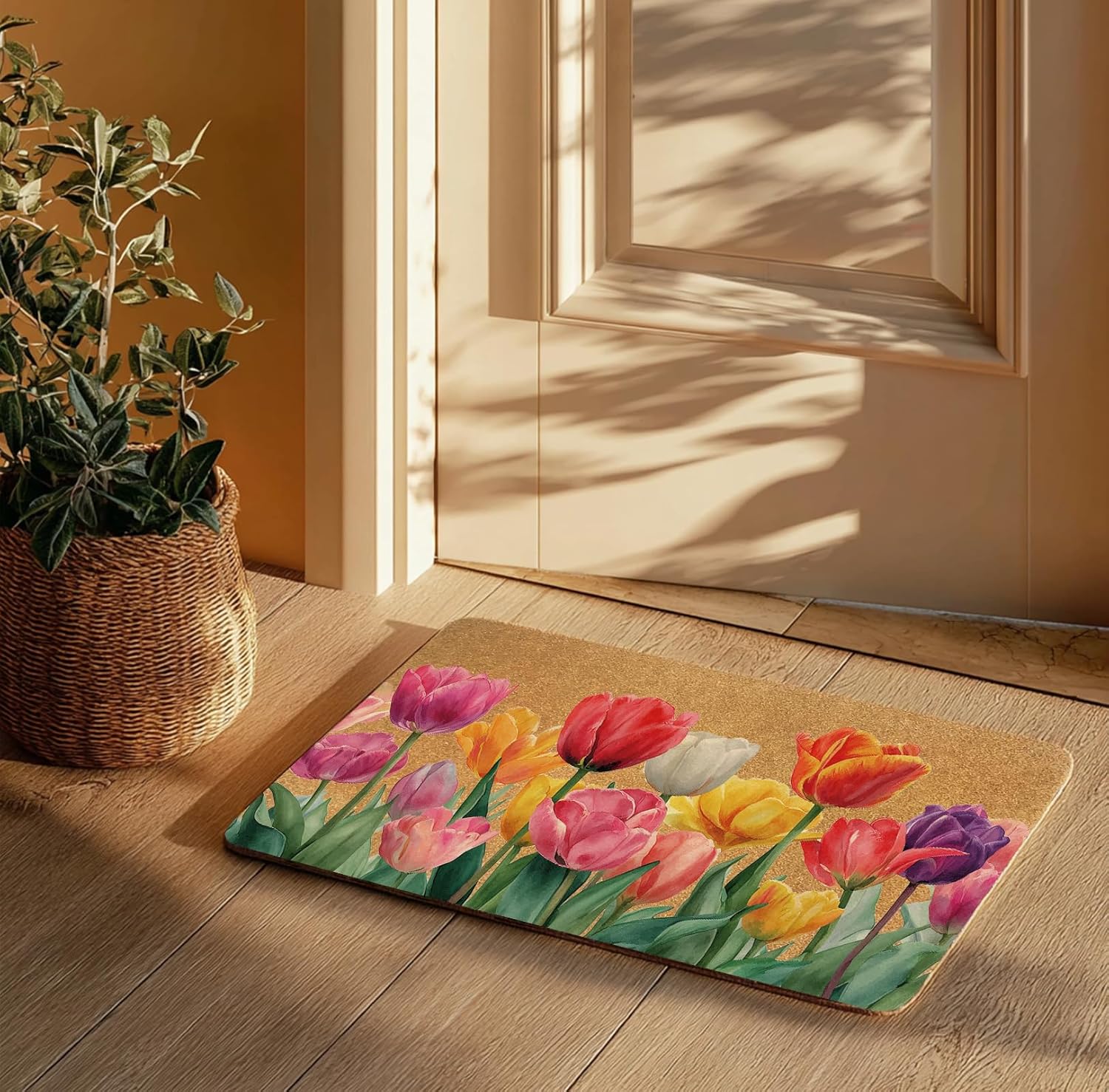 Floral Front Door Mat – 30×17″ Faux Coir Non-Slip Welcome Mat for Indoor/Outdoor Entry, Durable Dirt-Trapping Spring Outdoor Door Mat, Colorful Floral Doormat for Porch, Housewarming