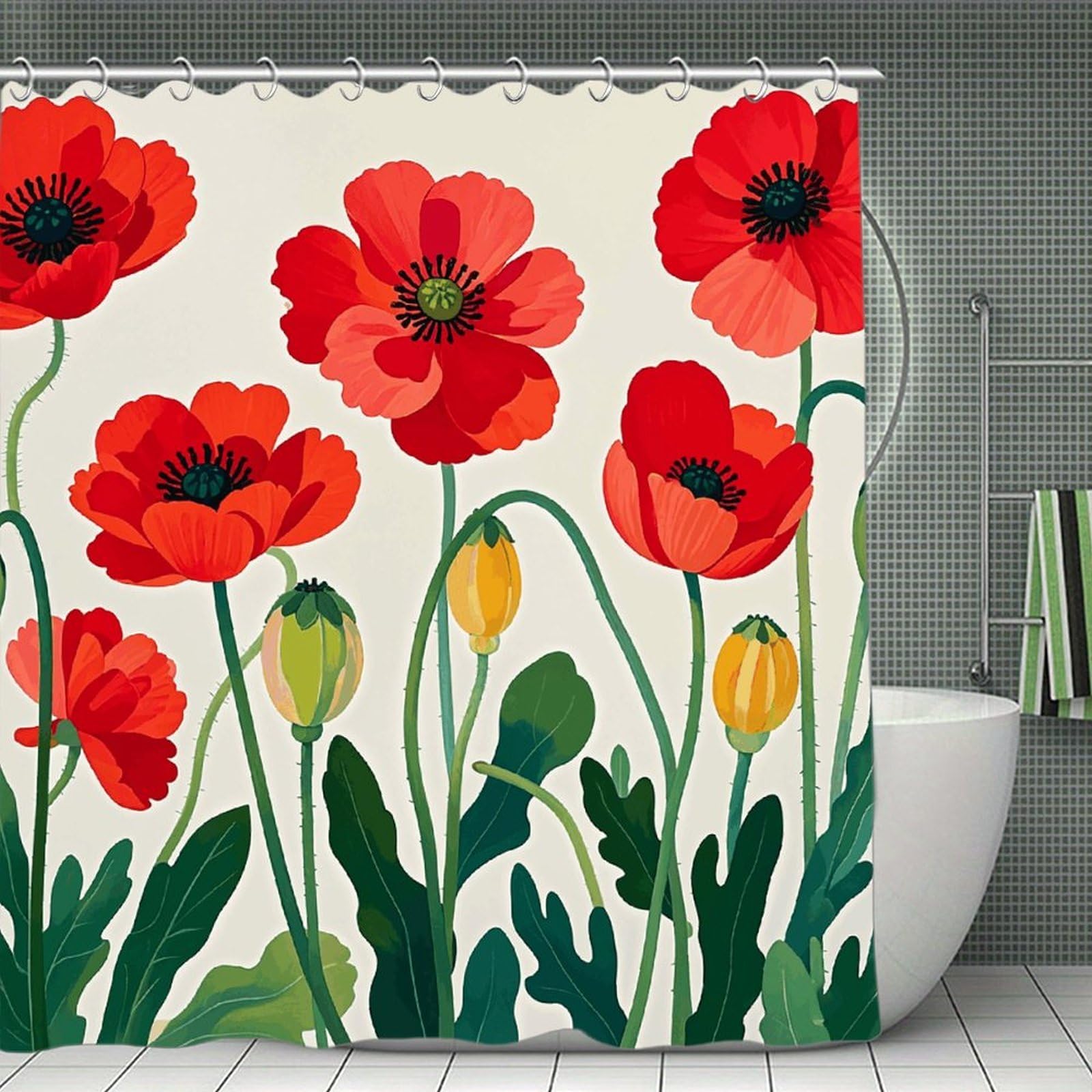 QMNLKH Poppy Flowers Shower Curtain with Hooks, Waterproof Bath Curtains for Bathroom, Lightweight Bath Curtains Liner for Hotel, Personalized Bath Curtain for Spa, 70.8 Inch