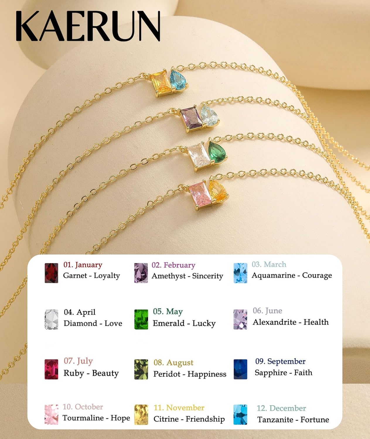 KAERUN Valentine's Day Gift Gold Birthstone Necklaces for Women Non Tarnish Dainty 2 Birthstone Pendant Necklace 14K Gold Plated Square Teardrop CZ Necklace for Mom Daughter Anniversary Birthday Gift - Image 4
