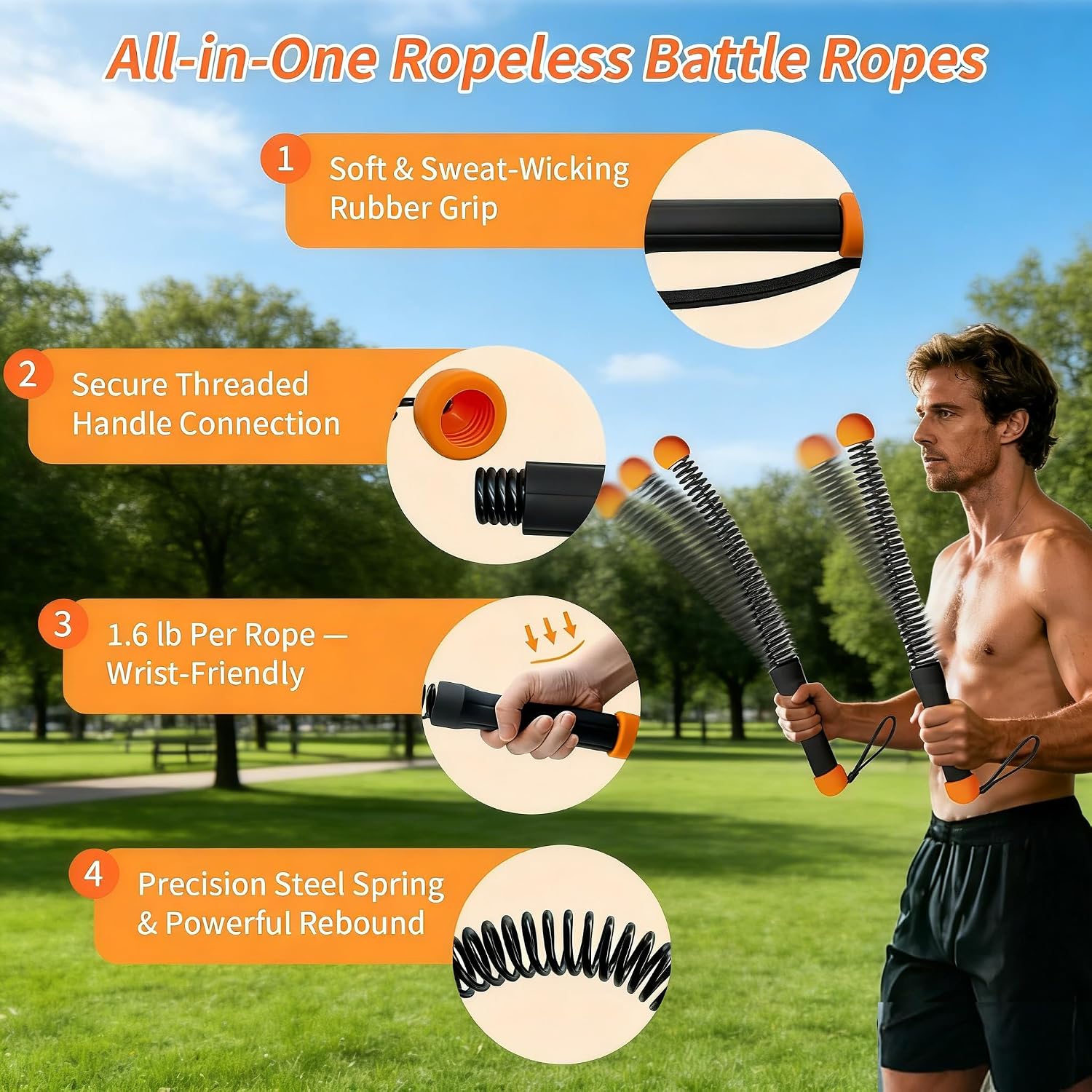 2PCS Weighted Ropeless Battle Ropes for Home Gym, Heavy Duty Arm Exerciser for Strength Training, Portable Battle Rope for Advanced Workouts and Core Muscle Building (Orange and Black 3)