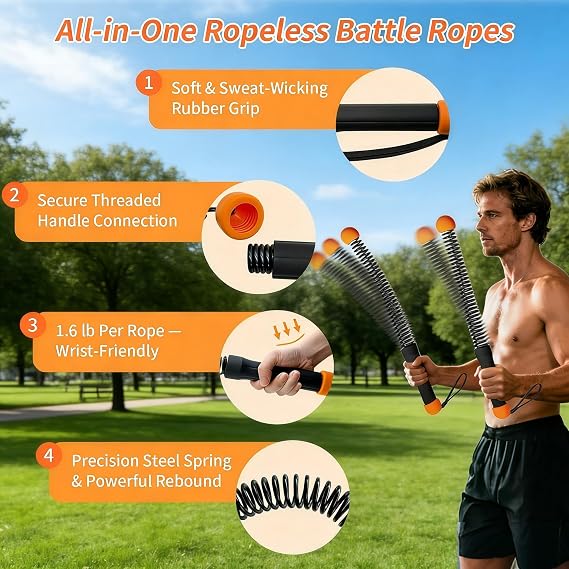 2PCS Weighted Ropeless Battle Ropes for Home Gym, Heavy Duty Arm Exerciser for Strength Training, Portable Battle Rope for Advanced Workouts and Core Muscle Building (Orange and Black 3)