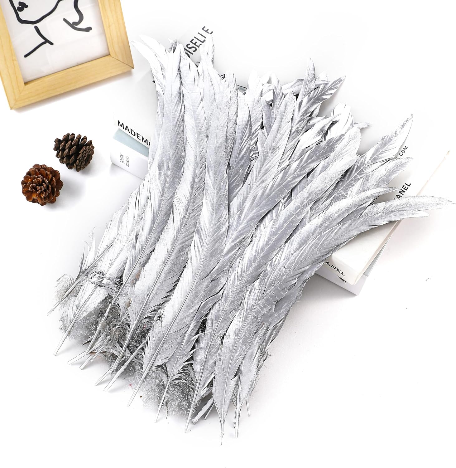 Holmgren Silver Rooster Tail Feathers - 60pcs 12-14inch Long Rooster Tail Feathers Bulk for DIY Crafts Costume and Halloween Party Performances Decoration (Silver)