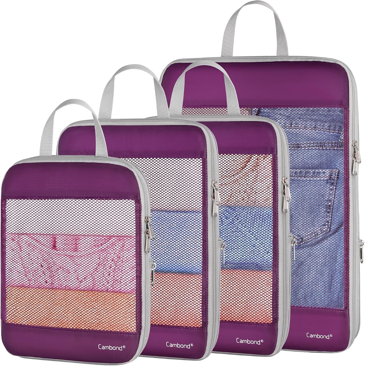 Cambond See Through Mesh Compression Packing Cubes - 4 Piece Expandable Space Saving Packing Cubes for Travel, Lightweight Travel Bags Luggage Packing Organizer Essentials for Suitcases, Purple | Keep Clothes Sorted, See Through Mesh helps quickly find what you need, Compression Zip Design, Lightweight, Luggage Tidy