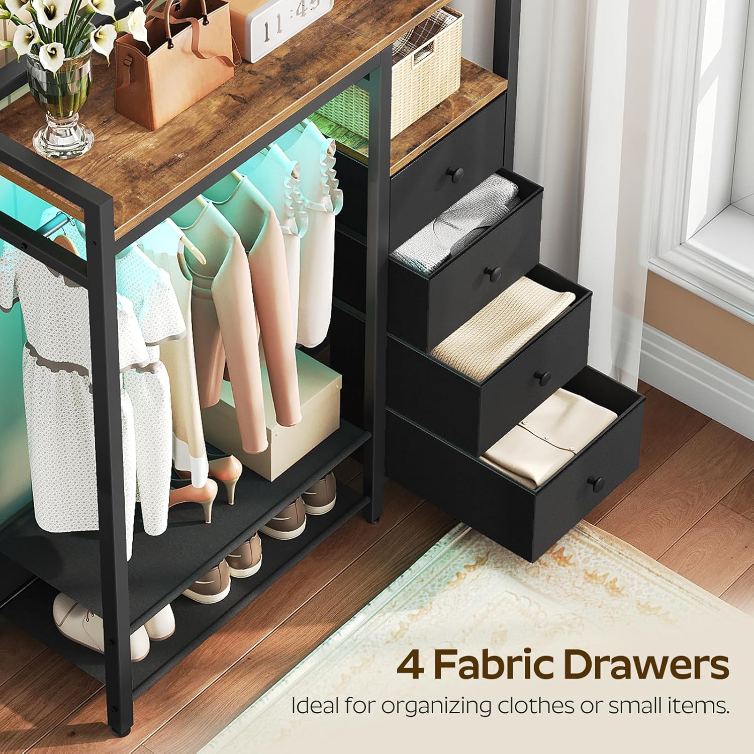 Bedroom Dresser with Clothes Rack, 4 Drawer Dresser with Charging Station and LED Light, Chest of Drawers for Bedroom, Closet Organizer with Hanging Rack and 2-Tier Shoe Rack, Rustic Brown