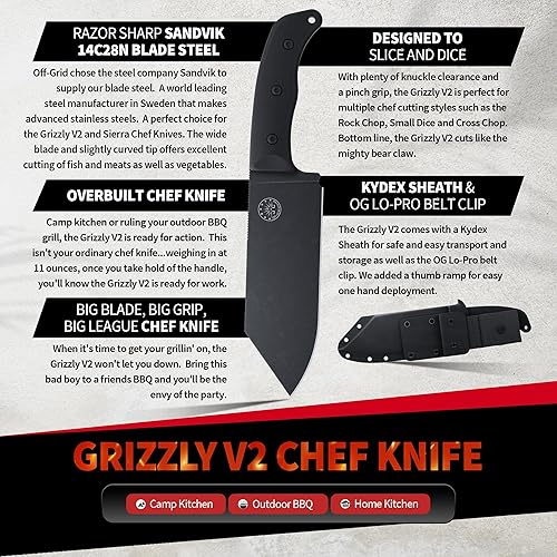 Miniatura 6 de Off-Grid Knives - Cuchillo de chef Grizzly V2 con acero inoxidable Sandvik 14C28N, funda Kydex y clip para cinturón, escalas G10, apertura de