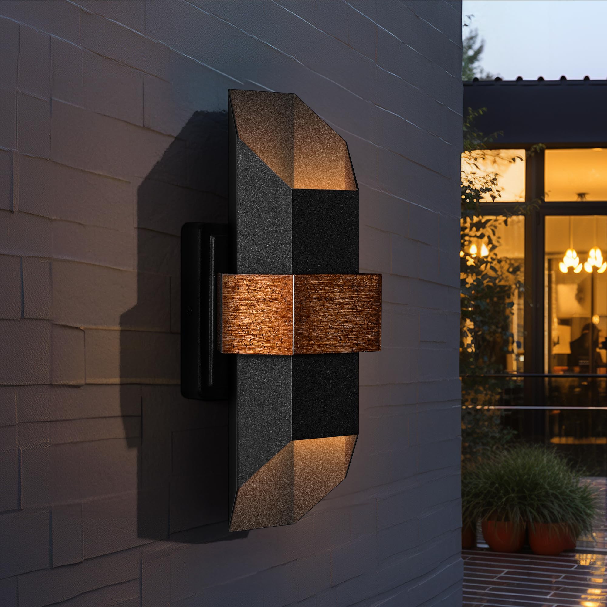 LamQee Black LED Wall Lights Set of 2, Exterior Wall Sconces Up and Down Waterproof Outdoor Wall Lights 3000K, Geometric Black Wall Lamp, Indoor Lamps for Living Room Bedroom
