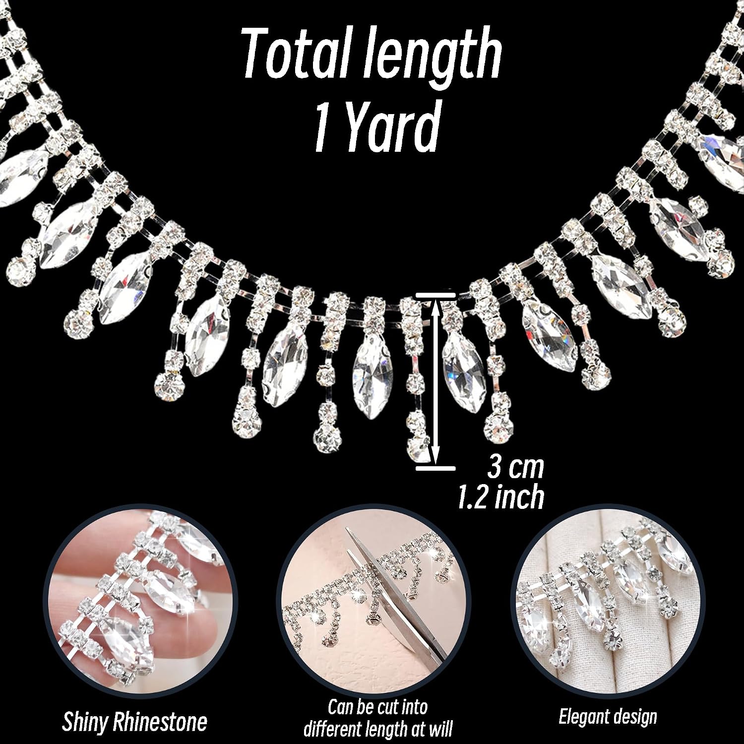 1 Yard Rhinestone Fringe Trim, Horse Eye Crystal Fringe for DIY Sewing Clothing Craft Wedding Accessories Decoration Supplies (Fringe Trim 2)