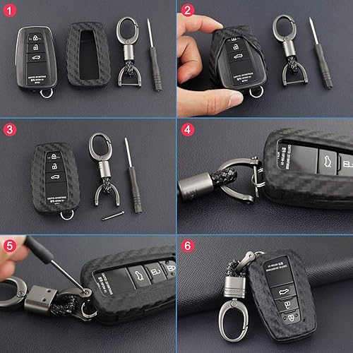 Miniatura 7 de Funda de piel auténtica para llave Toyota 86 GT86 Avalon C-HR Camry Corolla Highlander Land Cruiser Prado Prius RAV4, Patrón de fibra de carbono -