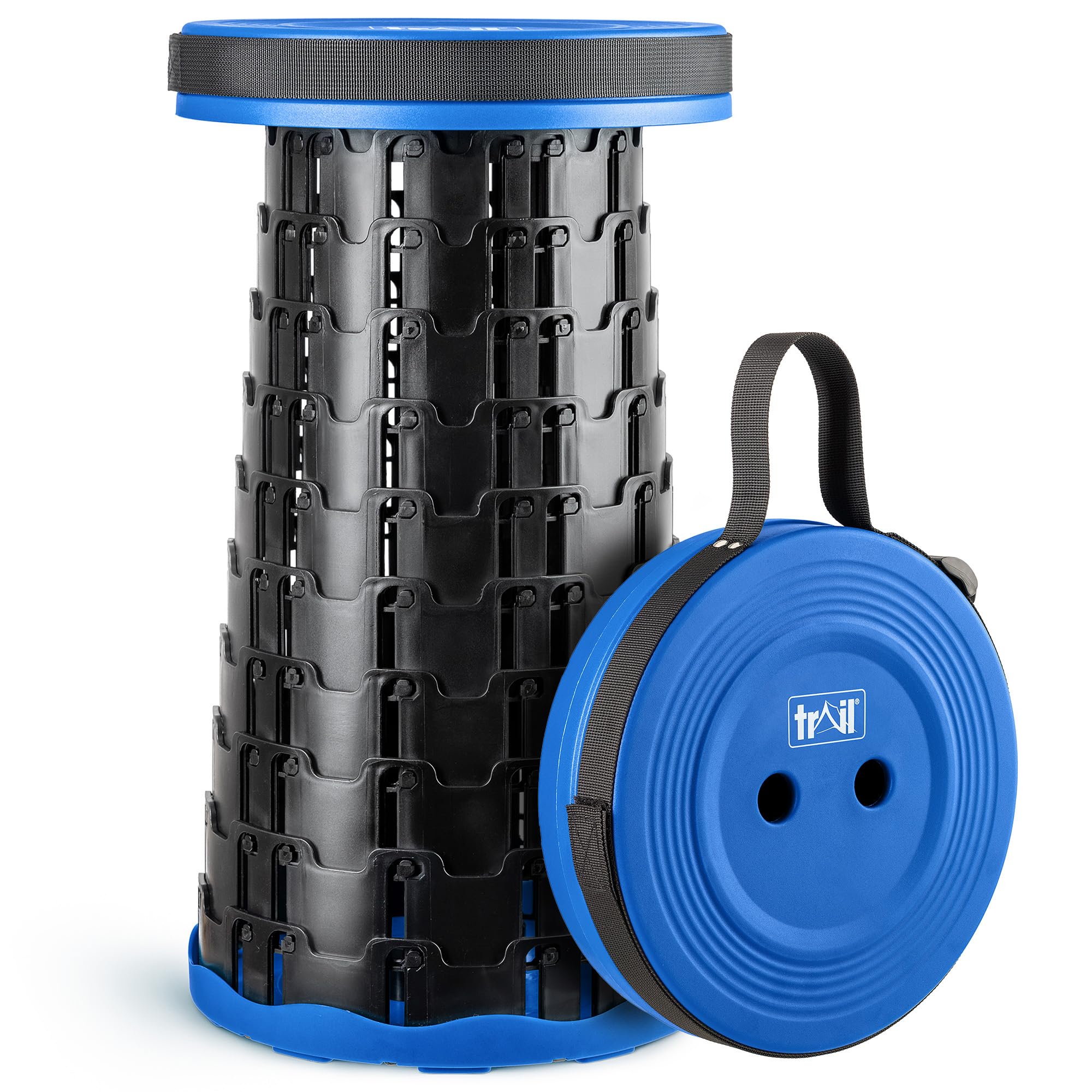 Trail Portable Telescopic Stool, Collapsible Folding Expanding Outdoor Camping Seat, Adjustable to H45cm, Safety Lock, Lightweight with Carry Strap, 150kg Max Load, Hiking, Festival, Fishing (Blue)
