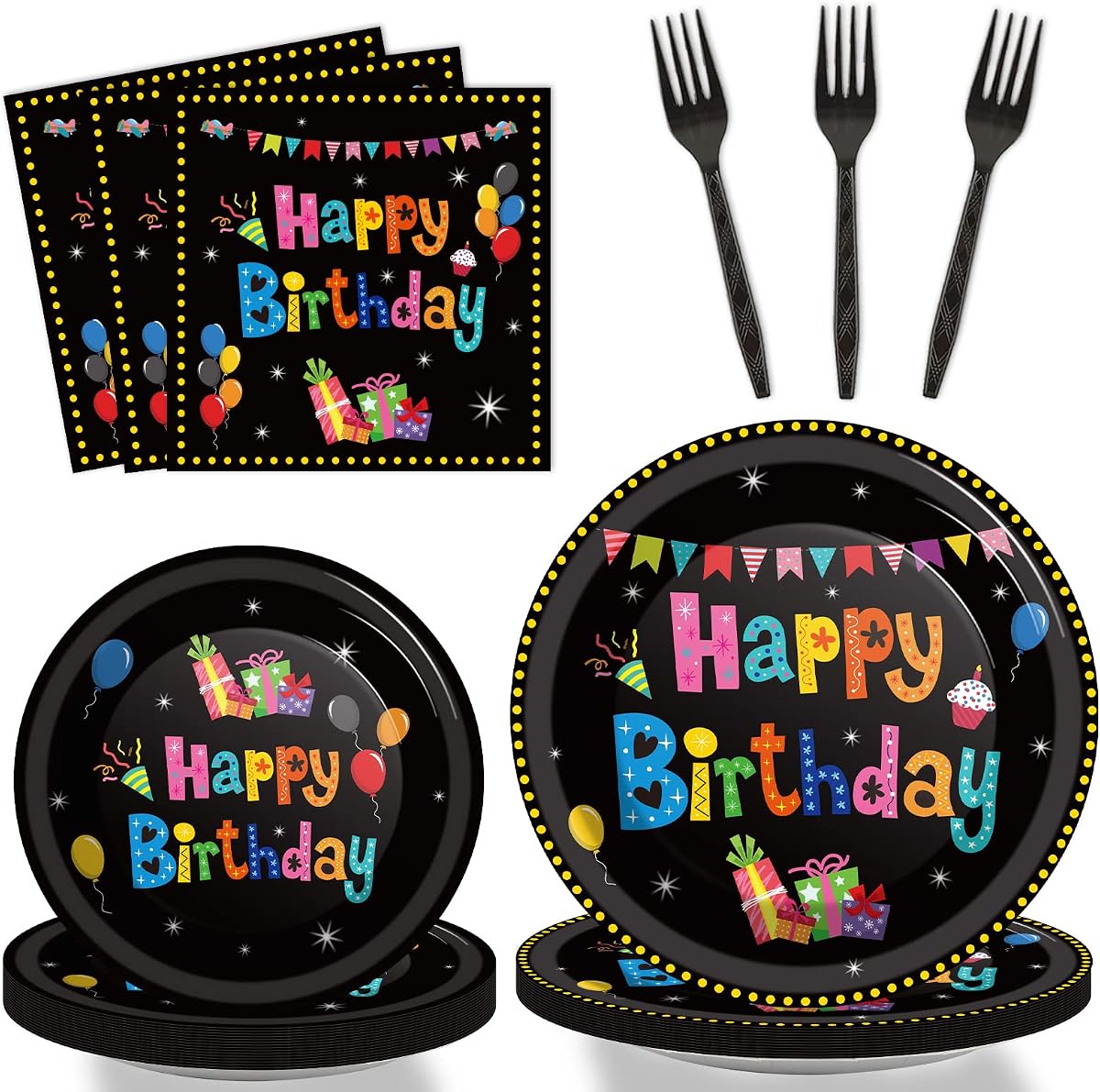 Tevxj 96PCS Happy Birthday Tableware Set Colorful Black Birthday Dinnerware Disposable Dessert Plates Birthday Theme Party Plates Napkins Forks for Boys and Girls Party Decorations Supplies 24 guests