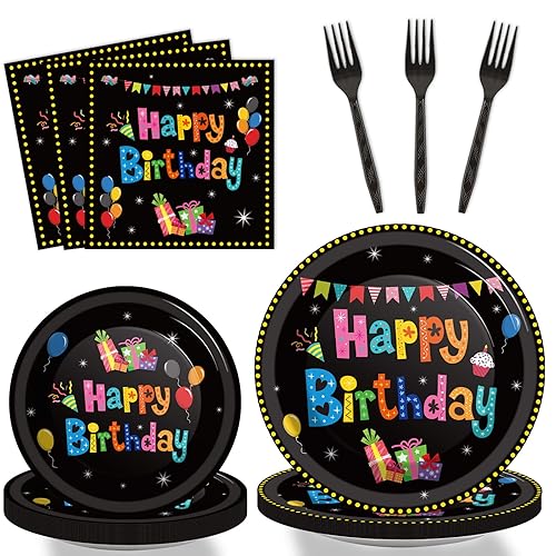 Tevxj 96PCS Happy Birthday Tableware Set Colorful Black Birthday Dinnerware