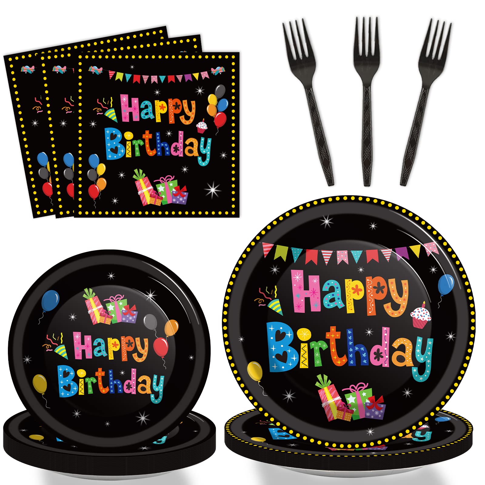 Tevxj 96PCS Happy Birthday Tableware Set Colorful Black Birthday Dinnerware Disposable Dessert Plates Birthday Theme Party Plates Napkins Forks for Boys and Girls Party Decorations Supplies 24 guests
