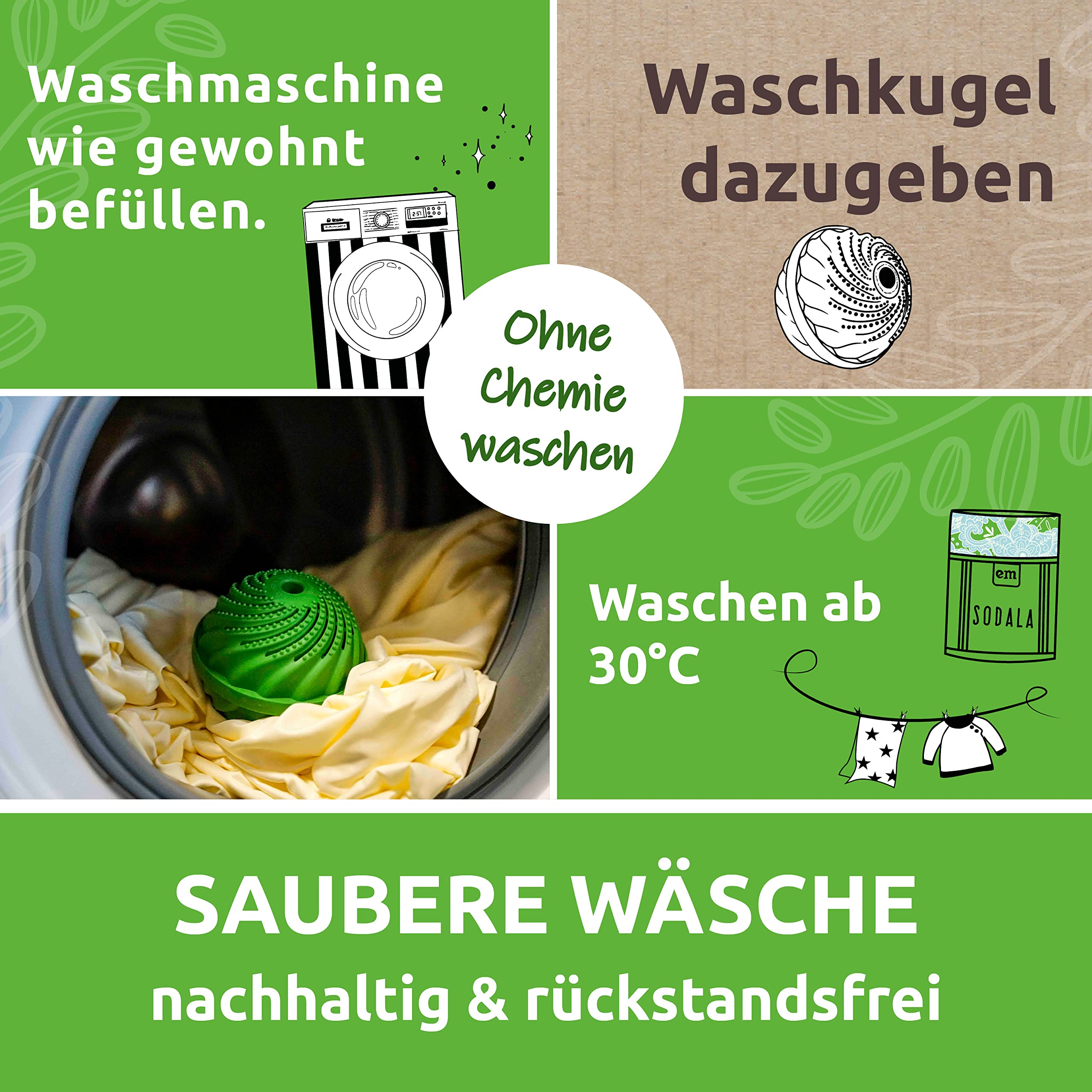 EM-Chiemgau Waschkugel Set mit Effektiven Mikroorganismen [Chemiefrei] Wäsche reinigen mit Probiotischem Weichspüler Mikrorein, Waschsoda, Natron, Waschkugeln & Praxis-Anleitung für Einsteiger