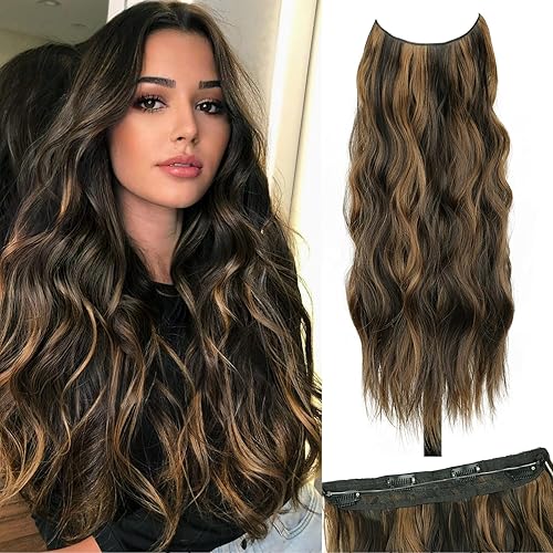 Brown Highlight Invisible Wire Hair Extensions Long Wavy Synthetic Hairpiece with 4 Secure Clips for Women 20 Inch Clip in Hair Extensions