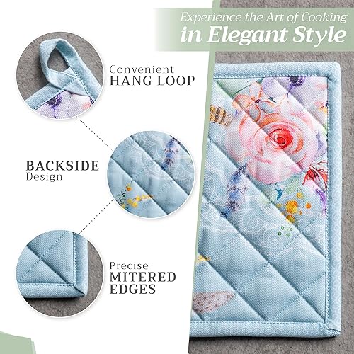 Miniatura 6 de Maison d' Hermine - Juego de guantes de horno de 7.5x13 pulgadas y agarradera de 8x8pulgadas, 100% algodón, resistente al calor, cocina, hornear,