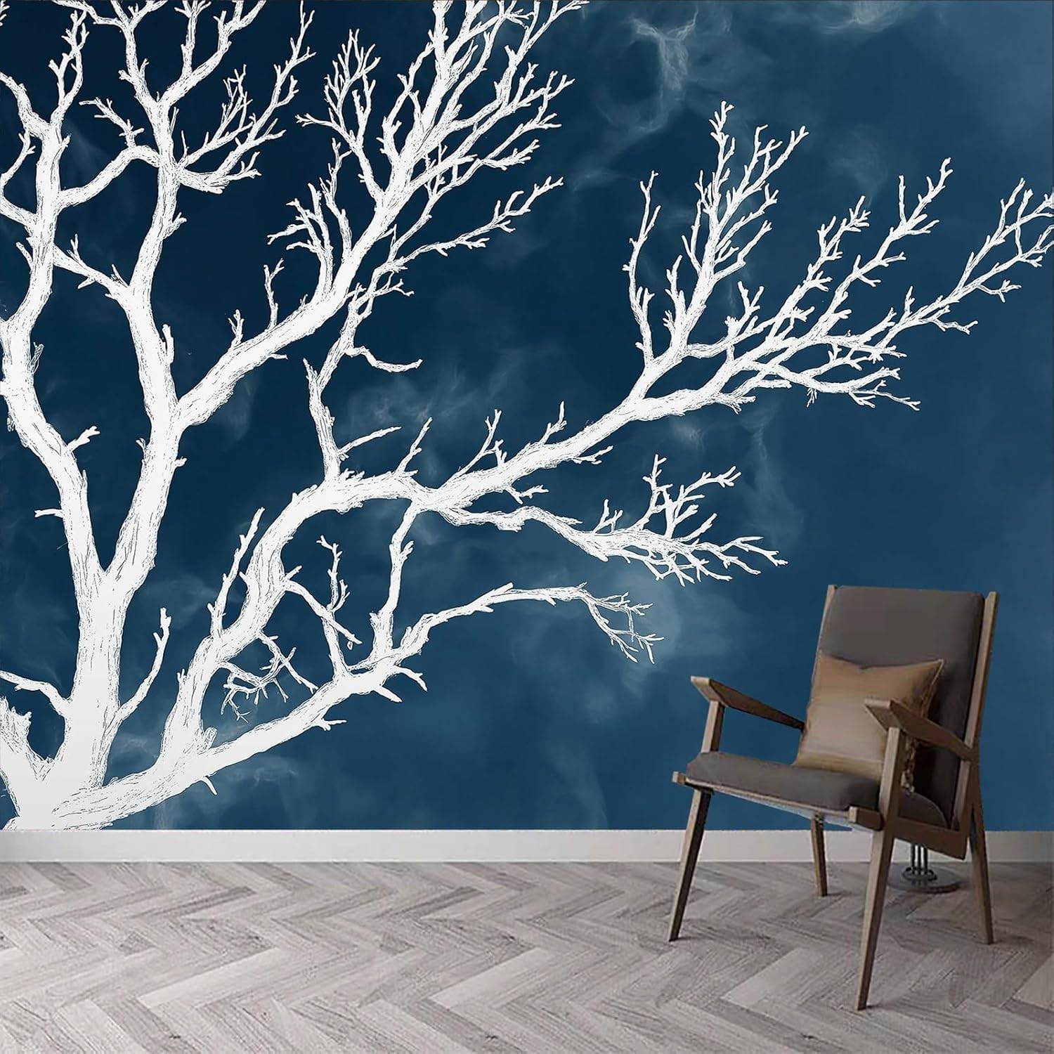 Papier peint panoramique bleu et corail blanc pour créer un cocon de douceur