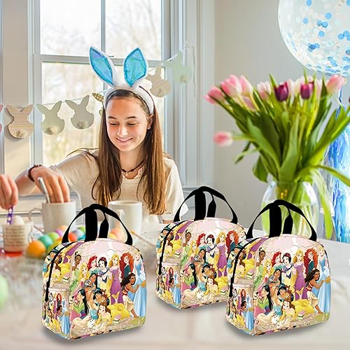 Miniatura 5 de Bolsa de almuerzo de princesa, bolsa de comida reutilizable, aislada, portátil, con bolsillos, para niños y niñas, lonchera de picnic para viajes al