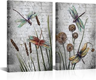 2 Piece Vintage Art Wall Decor Framed Paintings - Colorful Reed Flower Dragonfly Artwork Print on Canvas Art Wall For Bedroom Classroom Bathroom Rustic Home Decor Gift Size 40x60x2