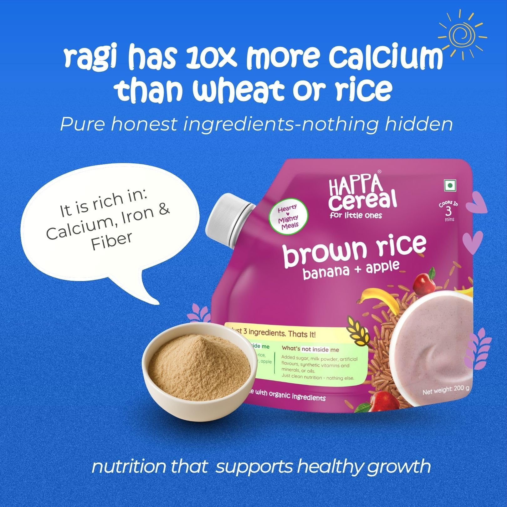 Happa Brown Rice Apple Banana Cereal for Babies | 3 Ingredients | No Sugar, Oil, Milk Powder, Flavours, Colours | Cooks in 3 Minutes | Stage 2 (6 Months+) | 200g Pack 2