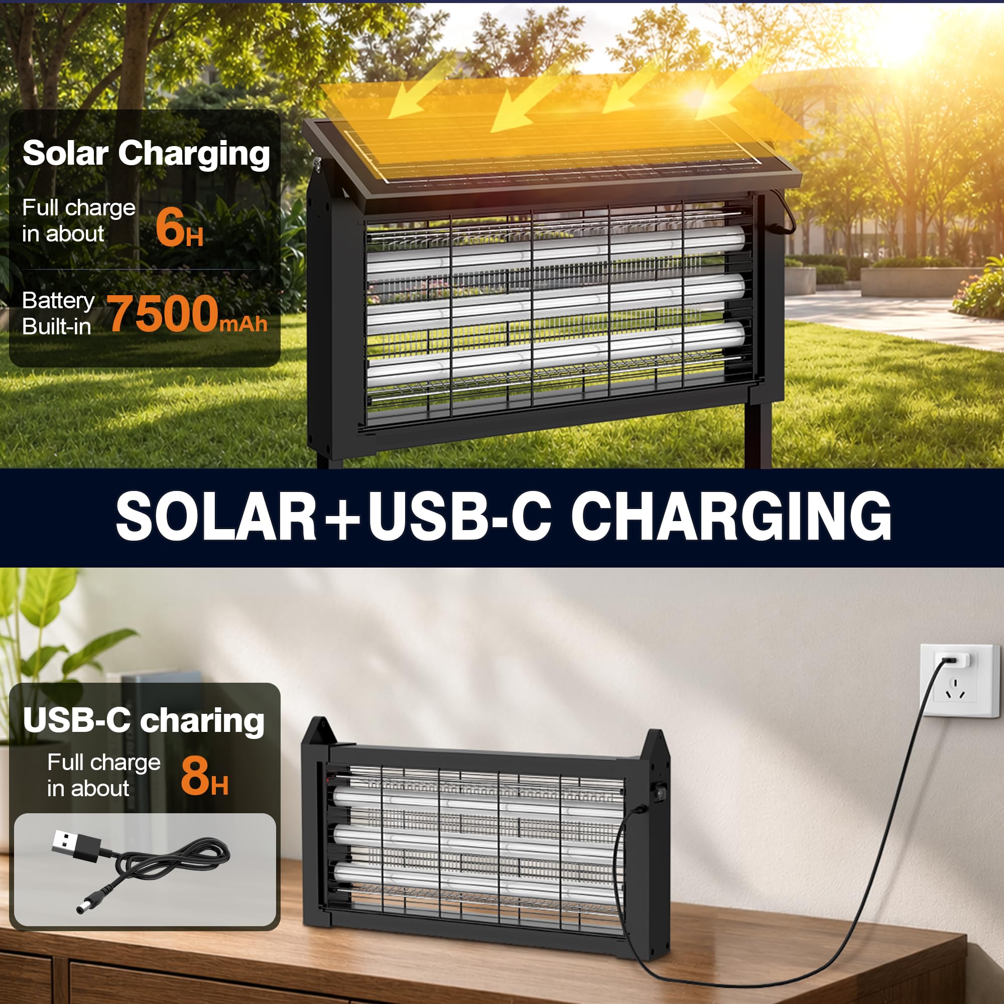 Eliminador solar de insectos para exteriores, 20 W, gran mosquitos, batería de 7500 mAh, trampa recargable para insectos voladores para patio, jardín, hogar, camping, color negro