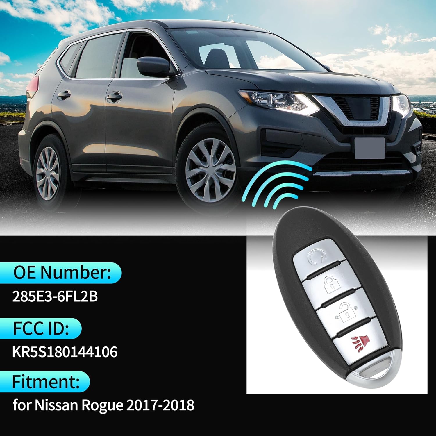 X AUTOHAUX KR5S180144106 433Mhz Replacement Keyless Entry Remote Smart Key Fob for Nissan Rogue 2017 2018 285E3-6FL2B 4A Chip 4Buttons 2Pcs