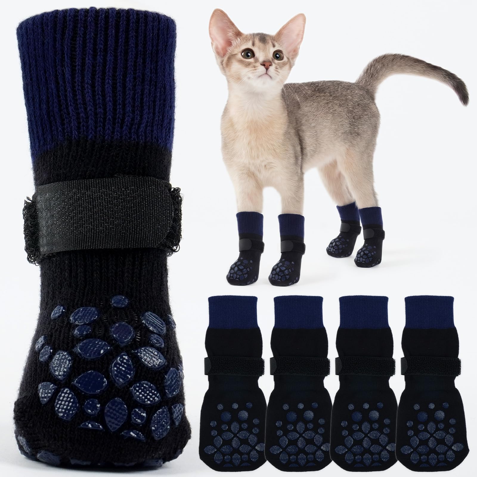 ROZKITCH 2 Pairs Cat Sock for Injured Paws, Breathable Socks for Cats Stop Scratching Pet Paw Protectors for Injured Paws Protective Anti-Slip Grip Socks Foot Protector Kitten Blue 2XS